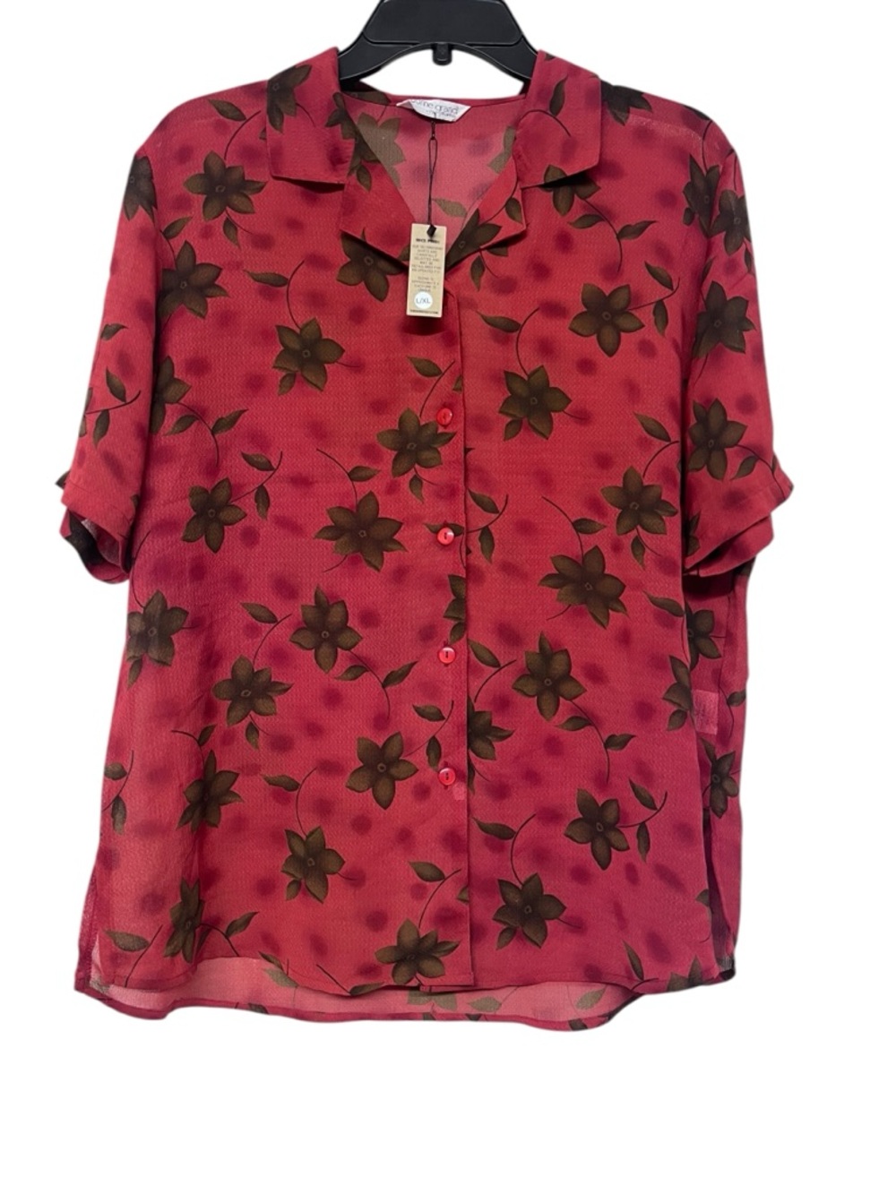 Red‎ Floral Short Sleeve Button Down Top Blouse